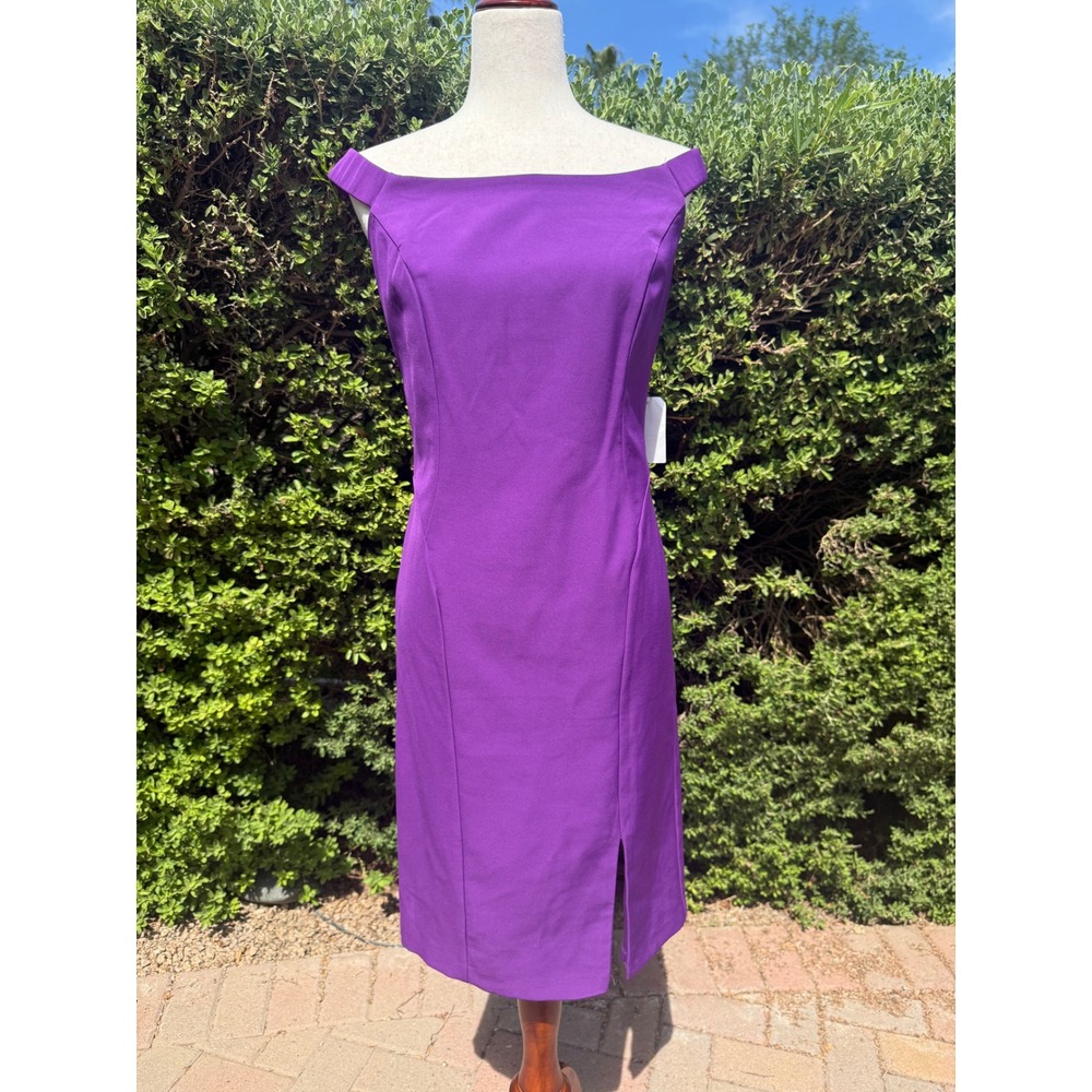 NWT Marina Purple Off The Shoulder Sheath Dress Cocktail Midi Size 8 264328